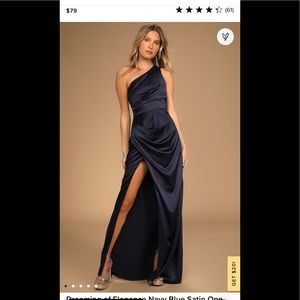 NWT Lulu’s satin navy blue one shoulder gown